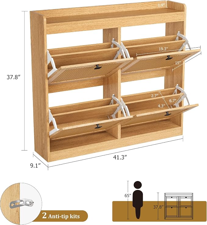 GarveeHome Shoe Cabinet Rattan with 4 Flip Drawers, Wooden Freestanding Shoe Organizer with Adjustable Shelves, Shoe Storage for Entryway, Closet, Hallway - Image 2