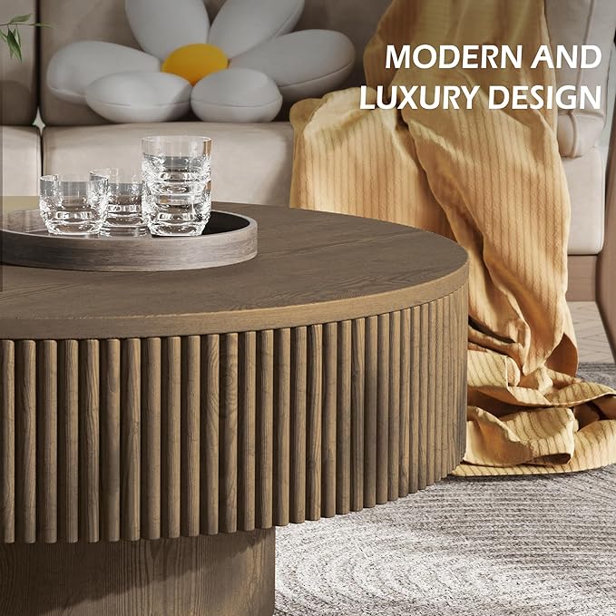 YOUDENOVA 35” Round Fluted Coffee Table, Modern Wood Circle Coffee Table, Veneer Handcrafted Relief Tea Table with Sturdy Pedestal for Living Room, Easy Assembly - Brown