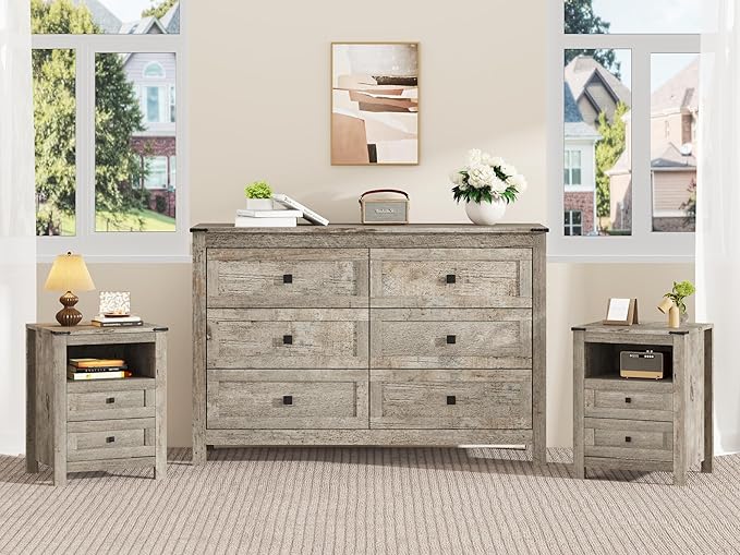 EazeHome 3 Piece Bedroom Set - Includes 6 Drawer Dresser for Bedroom, Set of 2 Nightstands with Open Storage Shelf and Drawers, Retro Dresser and Nightstand Sets, Gray