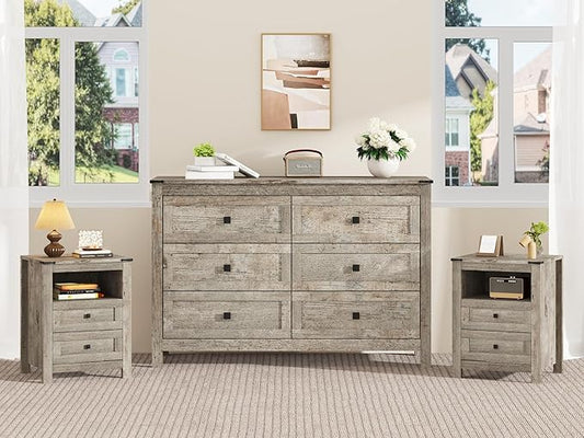 EazeHome 3 Piece Bedroom Set - Includes 6 Drawer Dresser for Bedroom, Set of 2 Nightstands with Open Storage Shelf and Drawers, Retro Dresser and Nightstand Sets, Gray