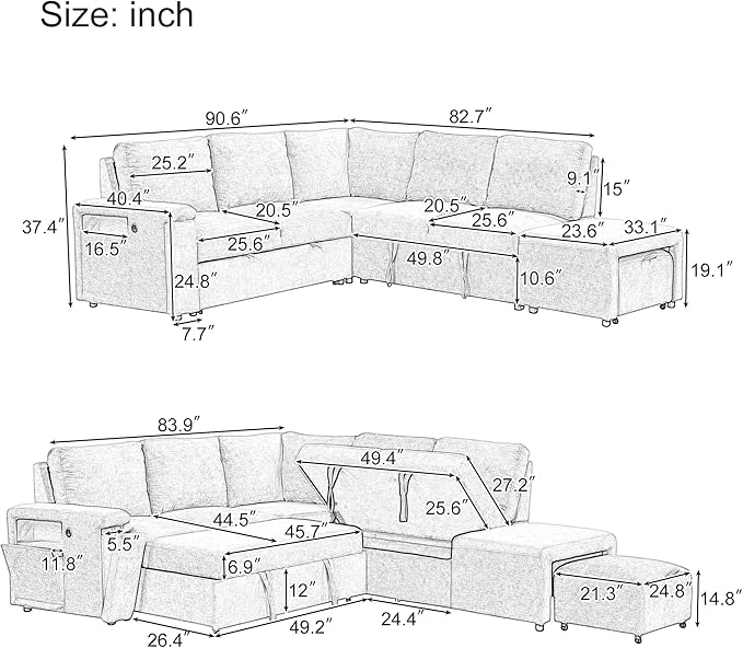 Merax L-Shaped Modular Sofa with Removable Storage Ottoman, USB Ports and Cup Holder, Upholstered Sectional Couch & Armrest, Free Combination Indoor Furniture for Living Room, Apartments, Beige
