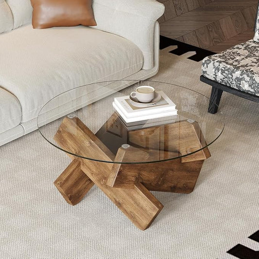 Natural Round Glass Coffee Table,33-Inch Coffee Tables for Living Room Clear Circle Accent Table Adapts to Farmhouse and Contemporary Decor