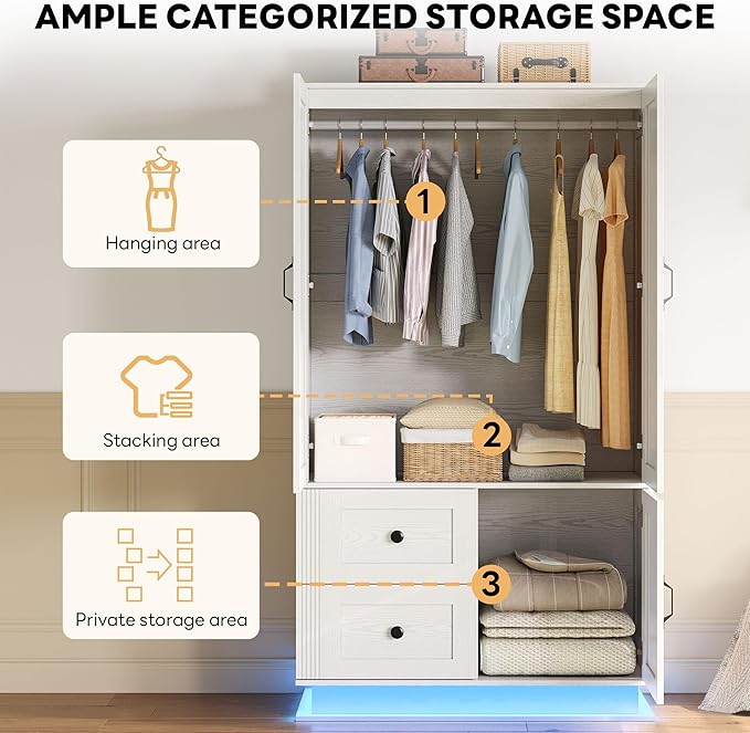 LIKIMIO Farmhouse Wardrobe Closet with Doors, 70" Bedroom Armoires with LED Lights and Hanging Rod, Wooden Large Wardrobe Cabinet with 2 Drawers and 1 Cabinet, Classic White