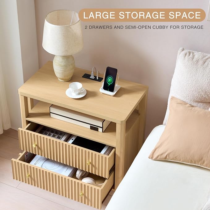 Fluted Nightstand with Charging Station Set of 2, 27.3" Wide Modern Bedside Table with 2 Drawers & Open Shelf, Large Wood End Table with Storage & Metal Handle for Bedroom, Natural Wood - Image 5