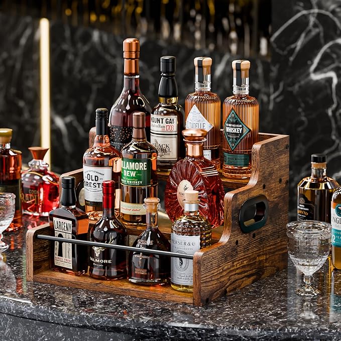 KLM Liquor Bottle Display Shelf, Coffee Syrup Rack Organizer, 3 Step Countertop Liquor Wine Rack, mini bar,liquor cabinet, Home Retro Bar Shelf Stand for Liquor Whiskey, Spirits - Image 2