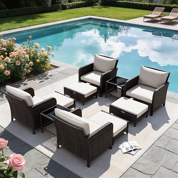 LEVELEVE Patio Conversation Set 5 Piece, Balcony Furniture Outdoor PE Rattan Wicker Lounge Chairs with Soft Cushions, 2 Ottomans & Glass Table for Porch Lawn, Brown (Beige Cushions