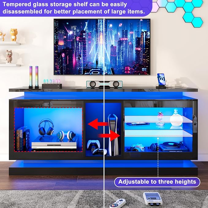 70" TV Stand W/LED Lights&Power Outlets,High Gloss Entertainment Center W/Color-Changing RGB LED Strip/Sound Sync,App/Remote Control For 70 80IN TV,Media Console Table for Home Living Room(Black) - Image 3