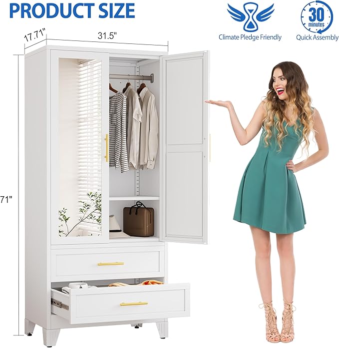 GAIOUS Steel Armoire Wardrobe Closet with Mirror, 71" Metal Clothes Storage Cabinets with 2 Doors, 1 Adjustable Shelf, 2 Drawers, Metal Wardrobe Cabinet with Hanging Rod for Bedroom, Gym, Cloak(White)