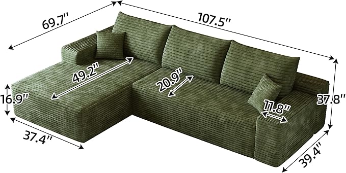 107" Boneless Couch with L Shaped Chaise, Plush Corduroy Sleeper Sectional Sofa, Deep Seat Comfy Couches for Living Room Bedroom, Compressed Foam Cloud Sofas, No Assembly, Left Facing Chaise, Green