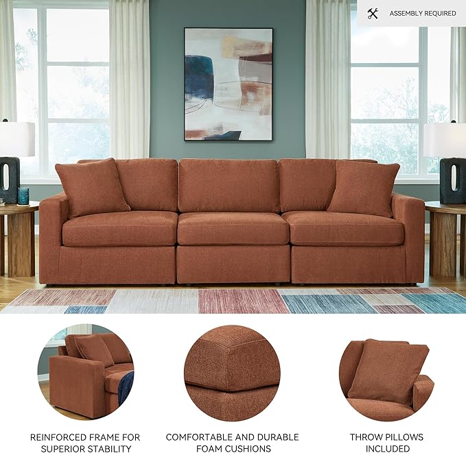 Signature Design by Ashley Modmax Modern Modular Stain Resistant 3-Piece Sofa with Removable Covers and 2 Accent Pillows, Orange