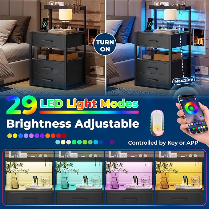 AOGLLATI Nightstand Set of 2 with Charging Station and LED Lights, Bedside Table with 3 Drawers and Open Storage Shelves, 2 USB Ports and 2 AC Outlets, LED Night Stand for Bedroom, 2 Pack, Black - Image 4