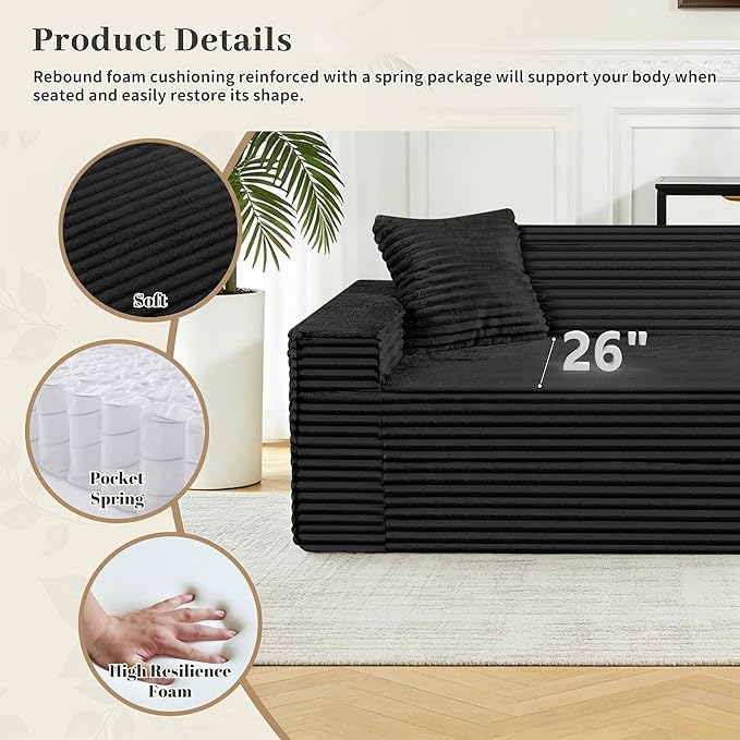 75" Cloud Loveseat Sofa, 26" Deep Seat Boneless Couches for Living Room, Modern 3 Seater Sofa with Throw Pillows, Corduroy Compression Sofa in Box, No Assembly Couch for Bedroom, Dorm, Black