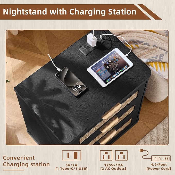 LEYAOYAO Rattan Night Stand with Charger Station, 23" Large 3 Drawer Boho Nightstand, Black Bedside Table Storage Cabinet, Bed Side End Tables for Bedroom, Living Room, Hallway - Image 5
