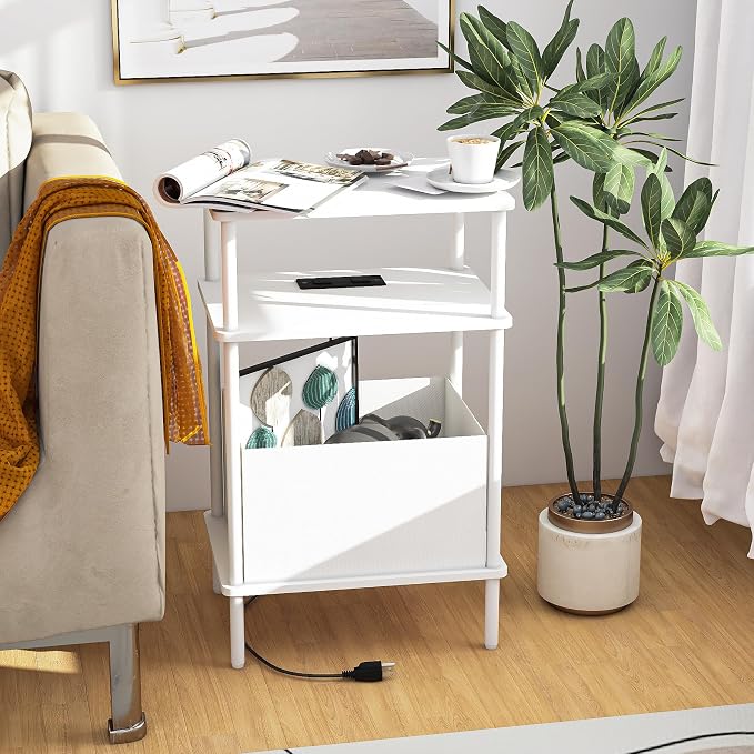 Small Side Table with Charging Station, End Table for Small Spaces, Slim Nightstand with Outlet,Sofa Beside Table, 3-Tier Storage Shelf,Living Room, Bed Room, Natrual White - Image 4