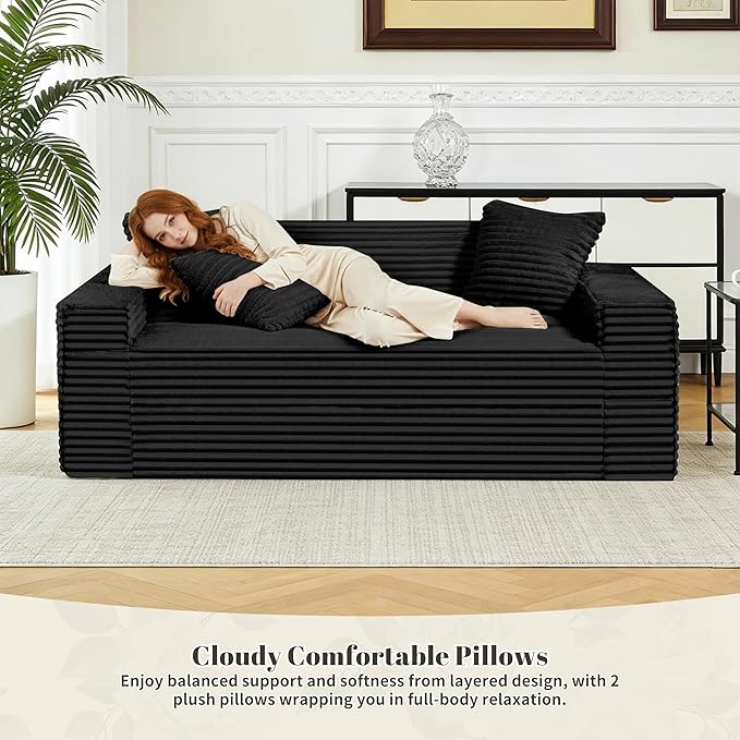 75" Cloud Loveseat Sofa, 26" Deep Seat Boneless Couches for Living Room, Modern 3 Seater Sofa with Throw Pillows, Corduroy Compression Sofa in Box, No Assembly Couch for Bedroom, Dorm, Black