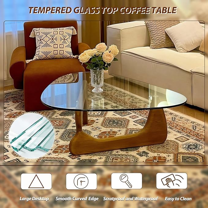 Walnut Glass Coffee Table, 35.5″ Mid Century Modern Coffee Table, Small Tea Table with Tempered Glass Top & Solid Wooden Base, Unique Center Tables for Living Room, Small Spaces