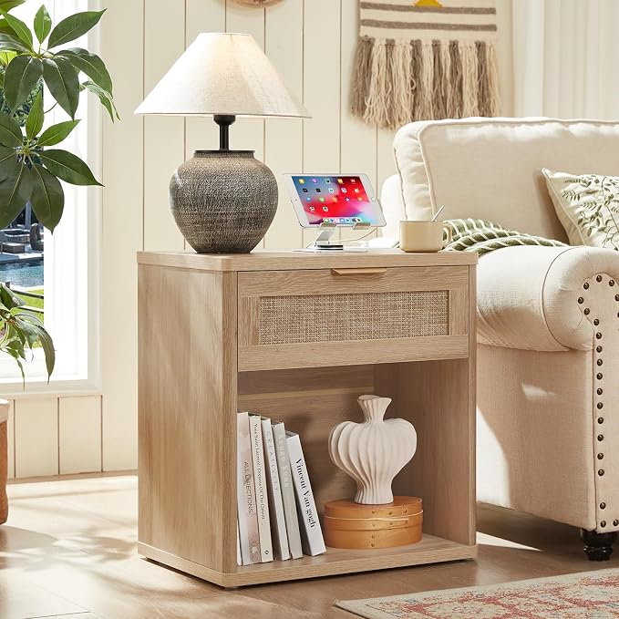 LEYAOYAO Rattan Nightstands Set of 2 with Charging Station, 23" Wide Boho Night Stand with Drawer, Natural Wood Bedside Table Open Cabinet, Bed Side End Table Dresser for Bedroom, Living Room, Hallway - Image 7