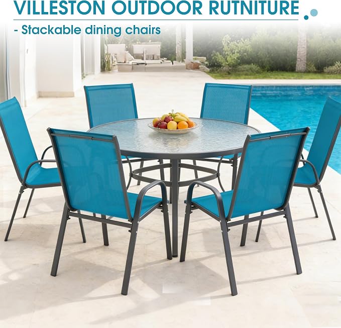 Outdoor Stackable Chairs Set of 6, Stacking Patio Chairs with Textilene Fabric, Outside Furniture for Garden Backyard Balconie Poolside Deck, Blue - Image 8