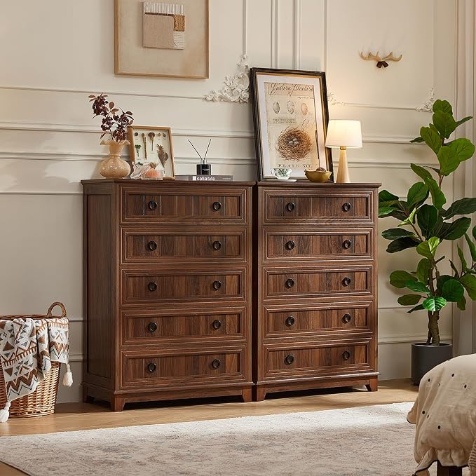 Joaxswe Farmhouse 5 Drawer Dresser for Bedroom, 42" Tall Small Dressers & Chest of Drawers, Rustic Wood Dresser with Metal Handle, Storage Organizer Closet for Living Room, Hallway, Entryway - Image 4