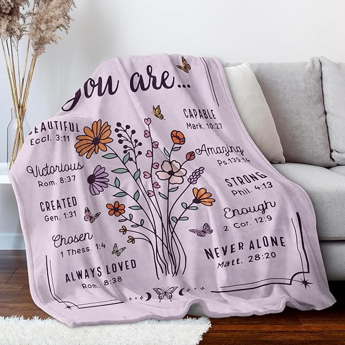 Christian Gifts for Women, Christian Floral Throw Blanket, Birthday Religious Gifts for Women Friendship, Inspirational Scripture Faith Gift for Friend, Sister, Mom, Daughter (50'' x 60'', Purple)