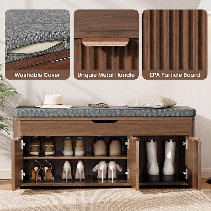 Shoe Bench with Storage - Lift Top Entryway Bench with Hidden Storage, Shoe Rack with Adjustable Shelves and Cushioned Seat, Wooden End of Bed Bench for Bedroom, Living Room and Hallway,Walnut - Image 4