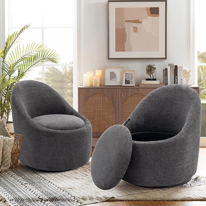 COLAMY Swivel Accent Chair, 360° Swivel Chair with Hidden Storage, Modern Small Barrel Swivel Armchair for Living Room/Bedroom, Dark Grey