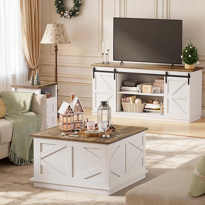 JUMMICO 31.5" Lift Top Coffee Table with Storage, Square Coffee Tables for Living Room, Center Table with Hidden Storage Compartment, Modern Farmhouse Design (White)