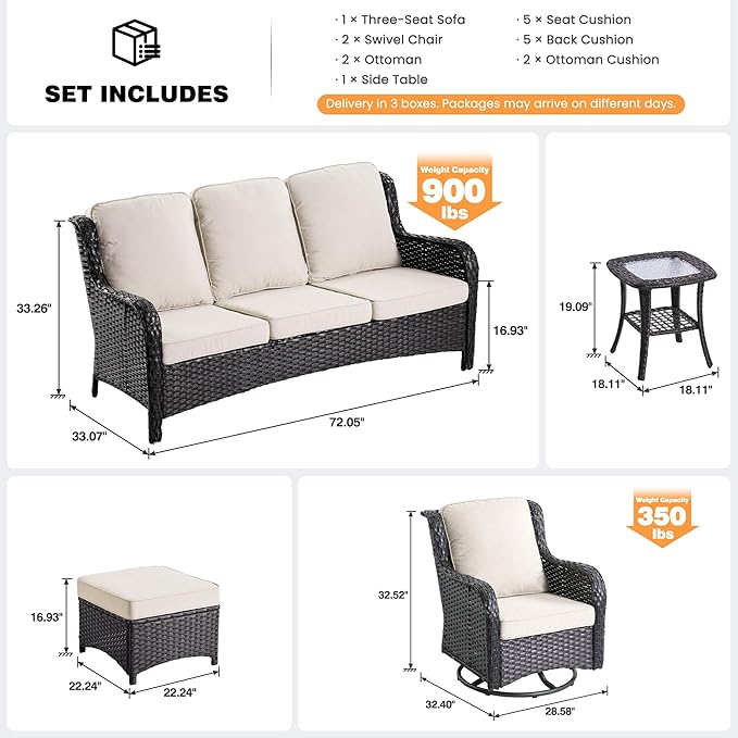 ovios 6-Piece Patio Furniture Set with Swivel Chairs Coffee Table, Outdoor Wicker Sofa with Comfy Cushions, High Back Couch Modern Conversation Sets, Brown/Beige