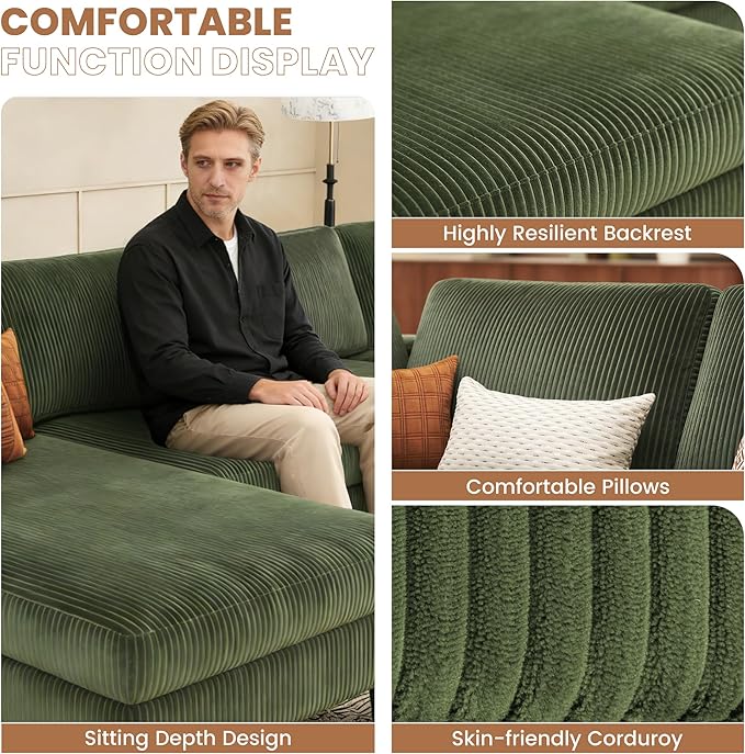 WAYTRIM Sectional Couches for Living Room 108" U-Shaped Modular Sofa Convertible Couch with Double Chaise,Removable Pillows Upholstered 4-Seat Couch for Apartment (Green)