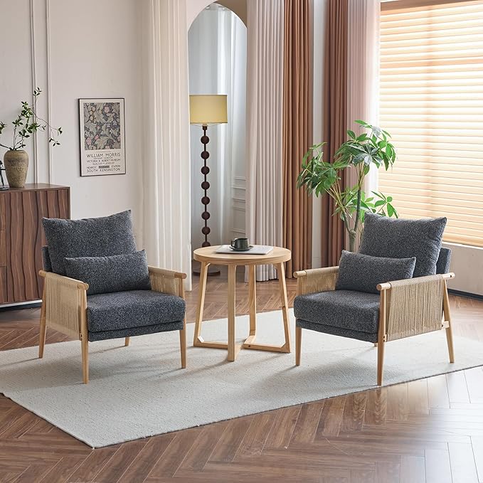 Karl home Cozy Chenille Accent Chair with Lumbar Pillow & Rattan Arms Modern Lounge Chair for Living Room, Bedroom, Reading Nook, Dark Gray