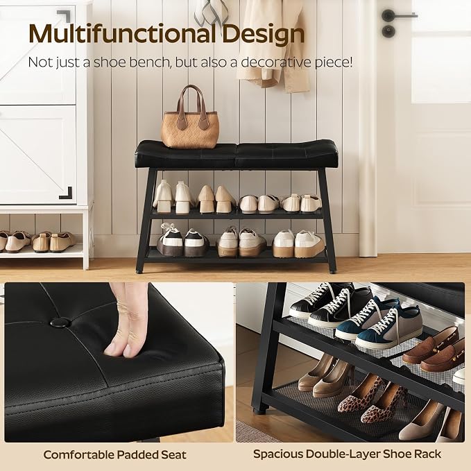 YATINEY Shoe Bench, 3-Tier Shoe Rack, Entryway Bench with Storage and Cushion, for Hallway, Foyer, Bedroom, Black HX02BB - Image 6