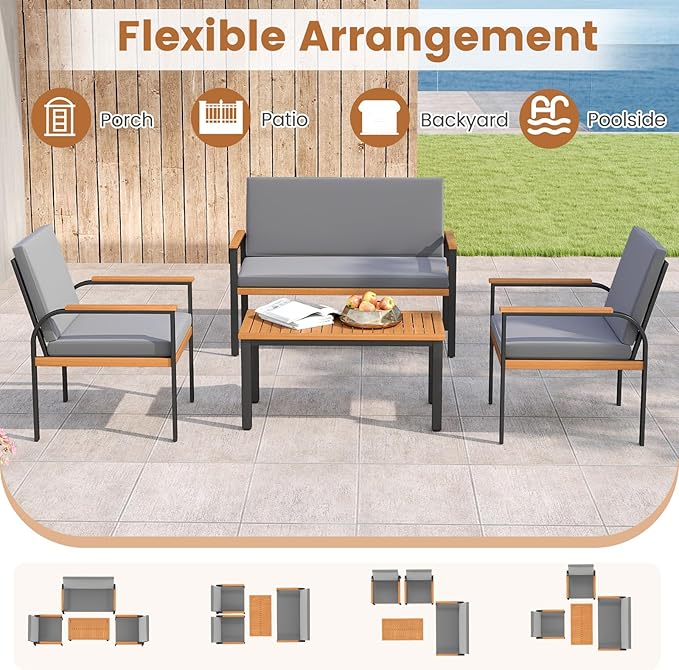 Tangkula 8 Pieces Patio Furniture Set, Outdoor Conversation Set with Acacia Wood Coffee Table, Cushioned Loveseat & 2 Single Armrest Chairs, for Porch, Garden, Backyard, Poolside
