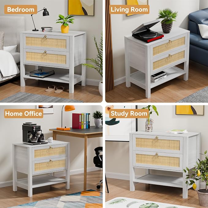 Rattan Nightstand with 2 Drawers and Storage Shelf, 26” Tall Boho Night Stand, Wood Large Bedside Table with Golden Handle for Bedroom, Side Table, White and Oak with Grey Wood Texture - Image 7