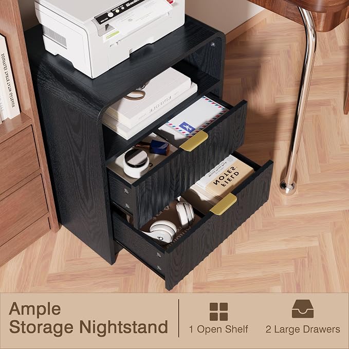 Black Nightstand Set of 2, Nightstands with Charging Station, Narrow Bedside Table with Drawers, Fluted Nightstand for Bedroom - Image 7