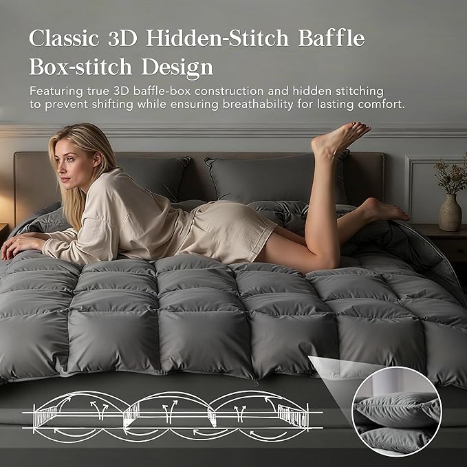 Down Feather Fiber Comforter Oversize King Size,Premium Ultra-Soft Breathable Comforter High Fill Power Grey Duvet Insert,All Season Hotel Luxury Bedding Comforters with 8 Tabs (Grey, Oversized King)