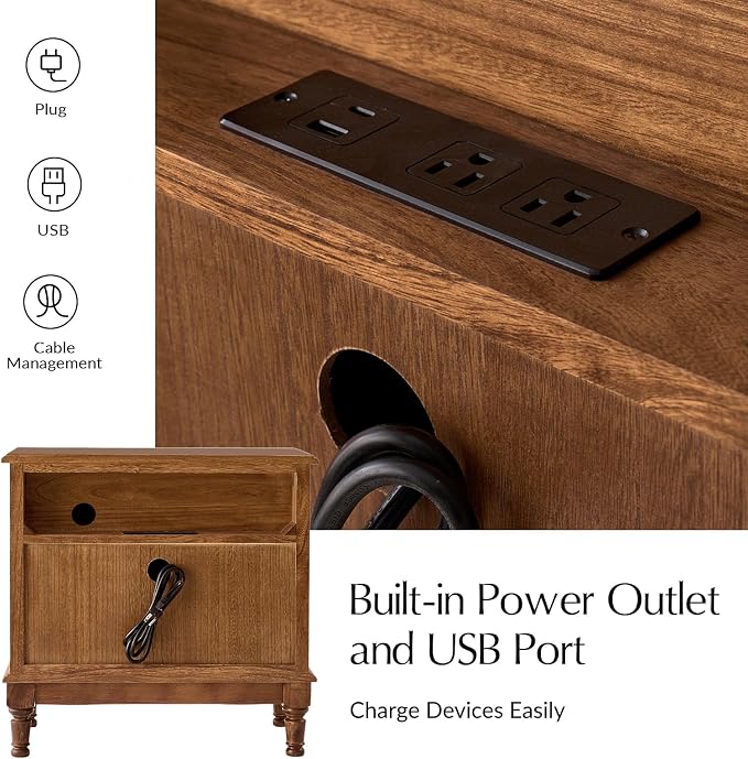 HULALA HOME Solid Wood Storage End Table with Hidden Pull-Out Shelf, Transitional 2 Drawer Side Table with Charging Station, Large SideTable with USB Ports, Easy Assembly, Cherry - Image 4