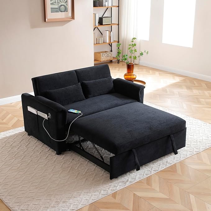 Convertible Loveseat Pull Out Sleeper Sofabed Futon Loveseat Lounge Couch for Living Room 3 in 1 Multi-Functional Pullout Sofa Bed with Reclining Backrest , USB Ports and Side Pockets for Home Office