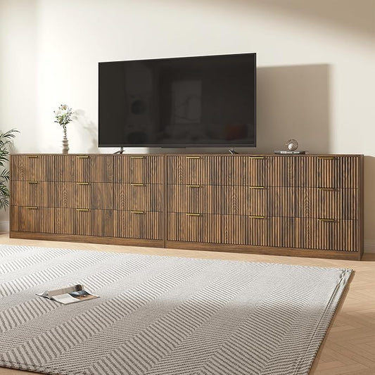 Dresser for Bedroom Set of 2, Long Dresser with 18 Drawers, Fluted Modern Bedroom Furniture Set, TV Stand Dressers & Chests of Drawers for Closet, Walnut (15.7" D x 125.8" W x 31.8" H)
