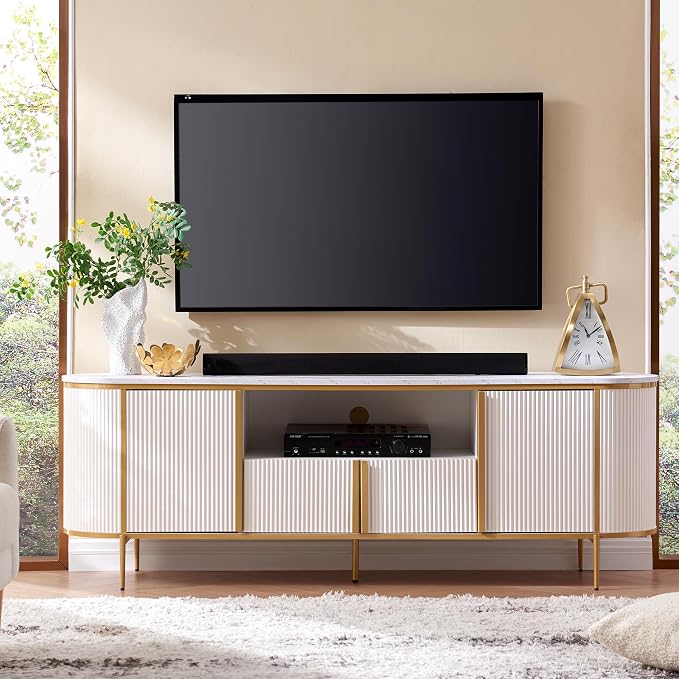 OKD Luxury 70" Fluted TV Stand, Modern Chic Entertainment Center for TVs Up to 80 inches, TV Console with Faux Marble Top, Curved Profile Design, Media Console for Living Room, Off White - Image 2