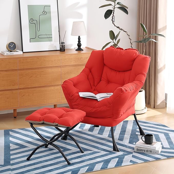 Furlide Lazy Chair with Ottoman, Modern Accent Chair with Armrests and a Side Pocket, Red Accent Chairs, Comfortable Reading Chairs, Oversized Armchairs for Bedroom, Study, Living Room, Courtyard