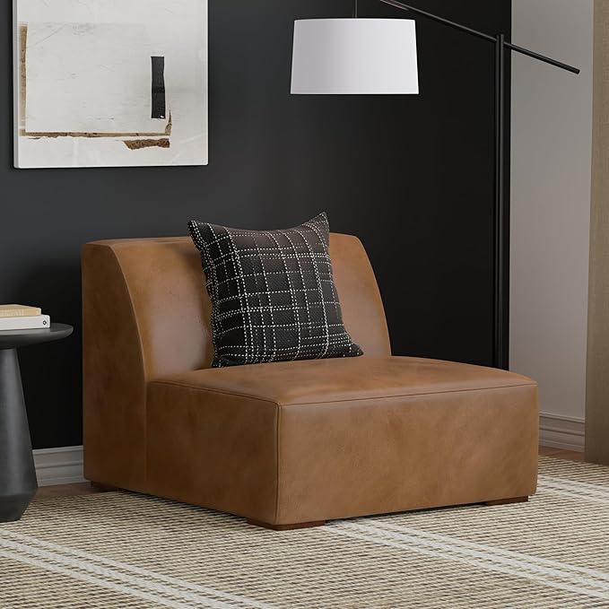SIMPLIHOME Rex Center Sofa Module in Full-Grain Genuine Leather, Caramel Brown, 34-inches Wide, Handcrafted Modern-Style Armless Sofa or Armless Chair for Living Room and Family Room
