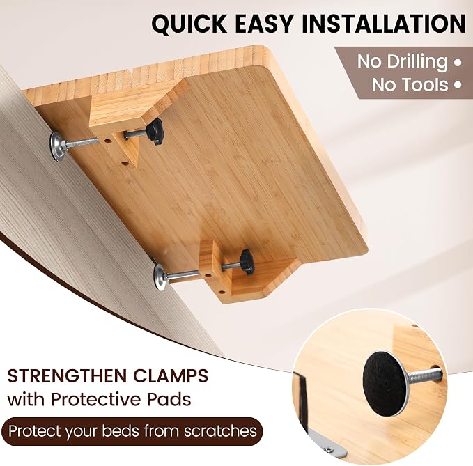 Bedside Shelf for Dorm Bed & Top Bunk, Bamboo Bed Side Table Tray with Cup Phone Holder & Hooks, Bedside Caddy, Clip on Nightstand Bedside Storage College Dorm Room Essentials (Bamboo) - Image 4