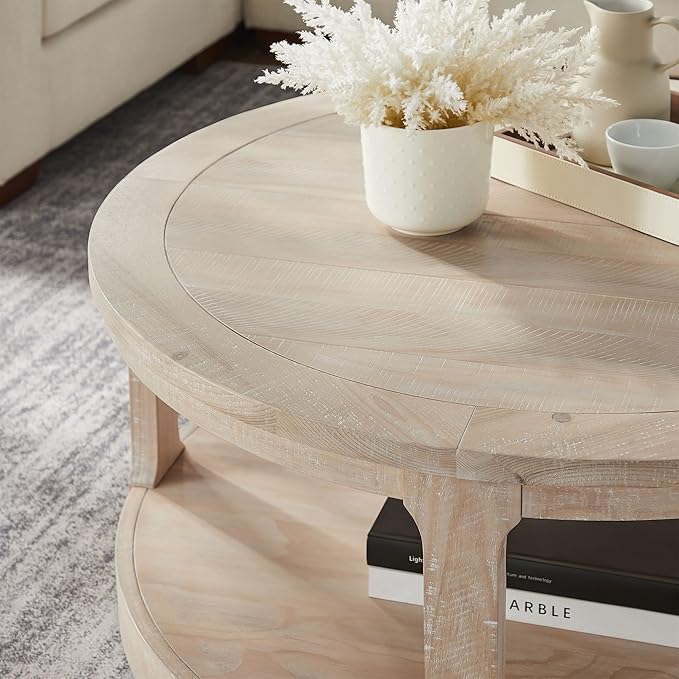 KEVINSPACE Round Coffee Table 40" Circle Coffee Table for Living Room 2-Tier Solid Wood Desktop Center Table Modern Design Accent Center Table Home Furniture for Bedroom, Home Office Oak