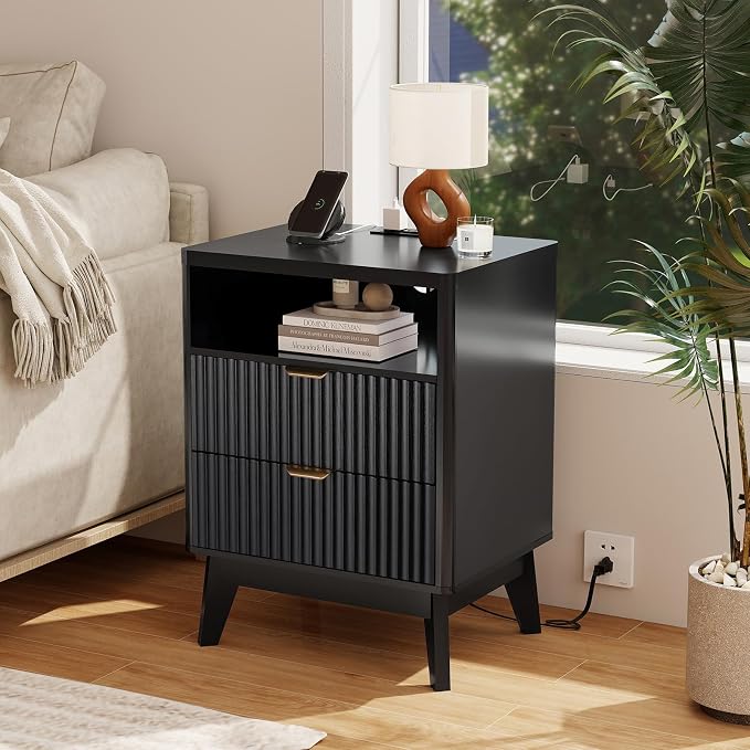 LYNCOHOME Fluted Nightstand with Charging Station, 19.7 inch Wide End Table with 2 Drawers, Modern Wood Bedside Table for Bedroom, Night Stand Set of 2, Black - Image 7