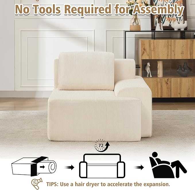 KIGOTY Modular Sectional Sofa, Comfy Cloud Sectional Couch with Right Armrest, Corner Sofa, Modern Boneless Couch for Living Room, No Assembly Required, White