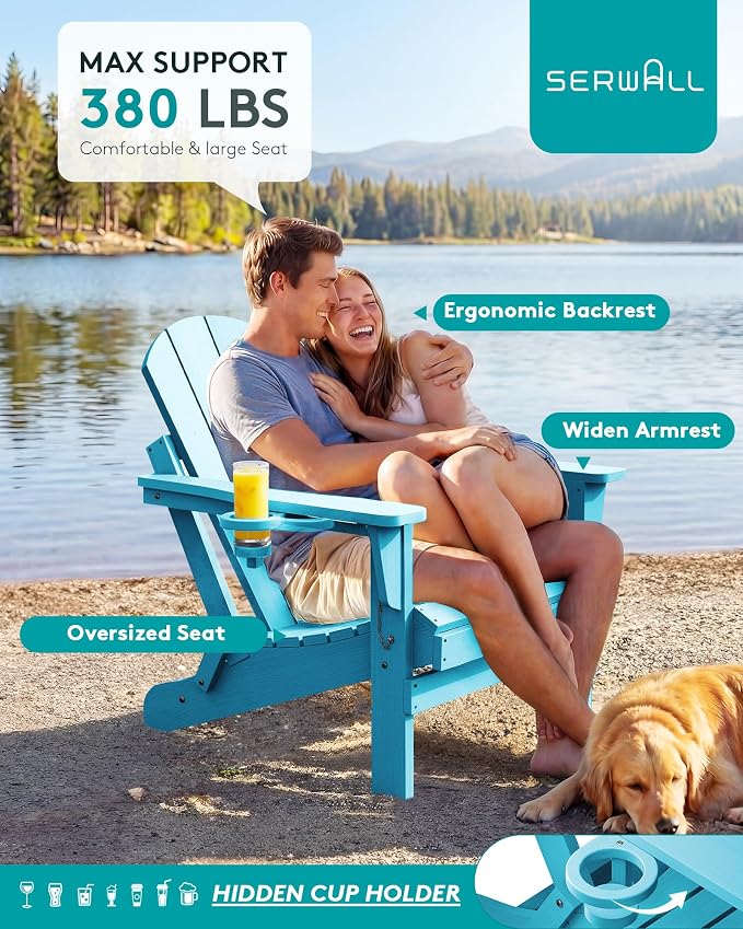 SERWALL Foldable Adirondack Chair Set of 4, Weather Resistant HIPS Patio Chairs with Cup Holder for Patio Garden Outdoors- Aruba Blue - Image 7