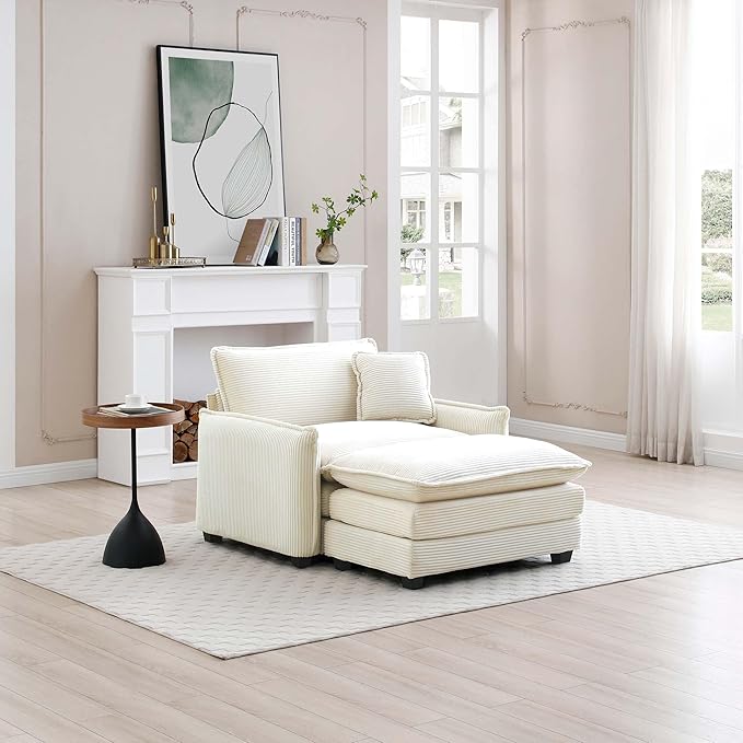 KEIKI 46" Oversized Corduroy Modular Sectional Single Sofa with 1 Ottoman, High-Density Foam Cushions, Removable Armrest, Upholstered 1-Seater Lounge Accent Chair with 1 Pillow, for Living Room, Beige