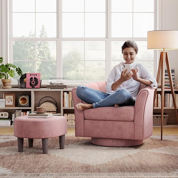 LINSY Swivel Accent Chair Ottoman Set: Velvet Larege Barrel Chair with Foot Rest, Modern Reading Chair Upholstered Armchair with Footrest for Living Room Bedroom Study Room Office (Pink)
