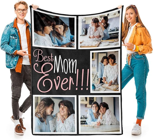 inkArts Custom Mom Blanket with 5 Photos Personalized Blanket with Pictures Customized Throw Gifts for Mom Grandma Photo Throw Blanket for Birthday Mother's Day, 15 Colors Available