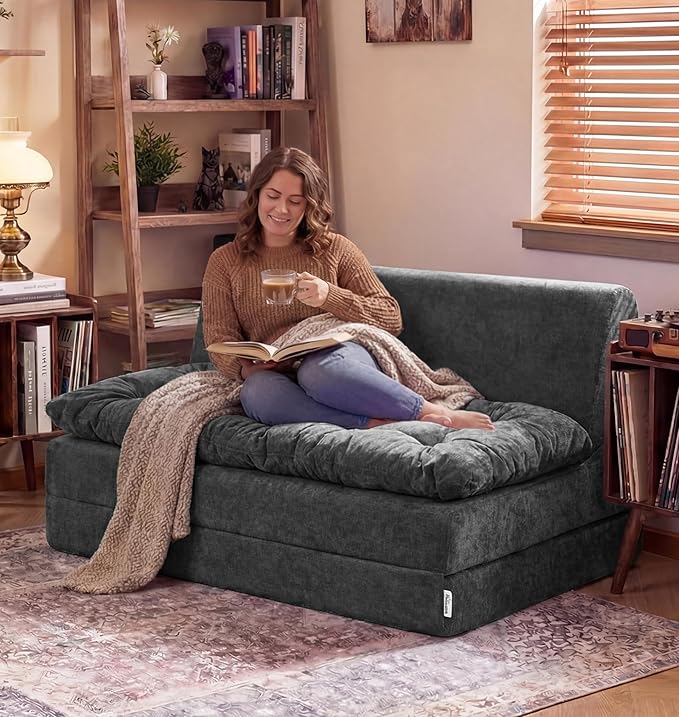 Hobestluk Sofa Couch Folding Sofa Bed Sleeper Comfy Floor Lounger Loveseat Sofa with Removable Cushion Couches Foldable Mattress for Living Room Bedroom or Office (Chenille Grey, Oversize)